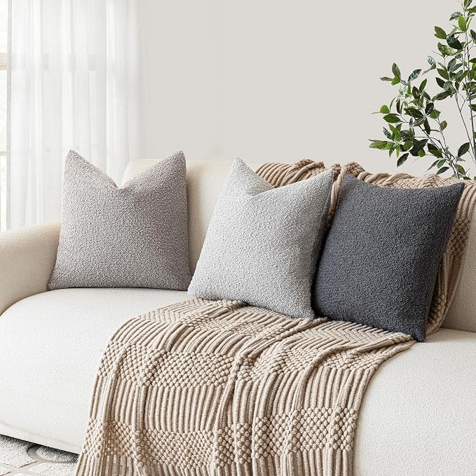 Foindtower Pack of 2, Decorative Textured Boucle Throw Pillow Covers Accent Solid Pillow Cases Cozy Soft Couch Cushion Case for Chair Sofa Bedroom Living Room Home Decor 22 x 22 Inch Neutral Grey