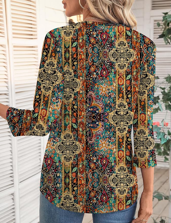 LOMON 3/4 Length Sleeve Womens Tops Spring Summer Fashion 2026 Tops Crew Neck Pleated Shirts Tunic Top Loose Fit