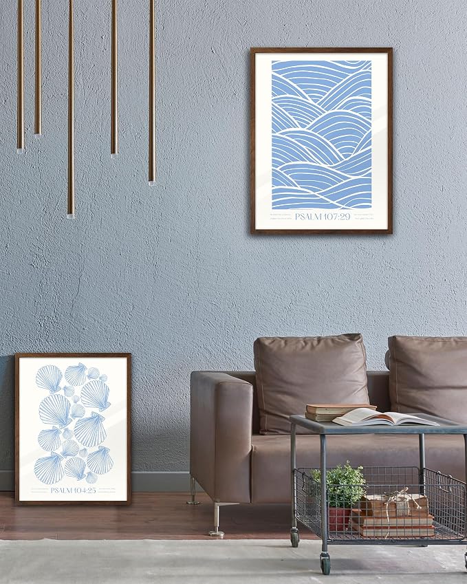 EcoHest 12x16 in Psalm 107:29 Ocean Waves Framed Christian Wall Art | Walnut Color Solid Oak Frame with Canvas Wall Art, Scripture Bible Verse Decor for Bedroom, Living Room, Office, Church,1Pack