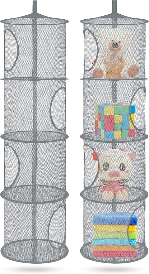 2Pcs Stuffed Animal Storage Foldable Stuffed Animal Net or Hammock Organizer, 4 Compartments Hanging Mesh Toy Storage Hammock for Kid Room Toys, Gloves, Hats, Socks(Grey)