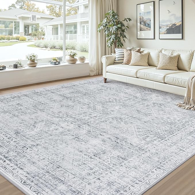 Area Rugs 9x12 Living Room: Vintage Boho Neutral Washable Rug Indoor Soft Large Area Rug Carpet for Bedroom Nursery Farmhouse Dining Room Office Floor Non-Slip Low Pile Under Table Rug Gray