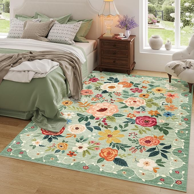 DUKINO 8x10 Area Rugs, Floral Washable Living Room Rug Non Slip, Green | Low Pile, Stain Resistant, Soft Indoor Large Carpet for Bedroom, Dining Rom, Kids Playroom, Pet Friendly, Modern Home Decor