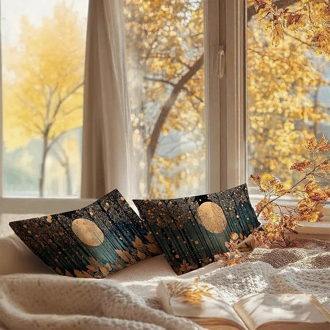 Vintage William Morris Inspired Gold Forest Moon Pillow Covers 20x12 Set of 2,Rustic Black and Gold Moon Landscape Nature Botanical Decorative Throw Pillow Covers for Home Bedroom Living Room