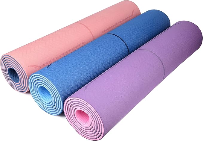 YOGATIยฎ Yoga Mat with Strap with Alignment Lines. Home Workout Mat for Women, Men and Kids. Thick Non Slip Yoga Mat for Pilates and Fitness. Brown, Pink and Purple Yoga Mats