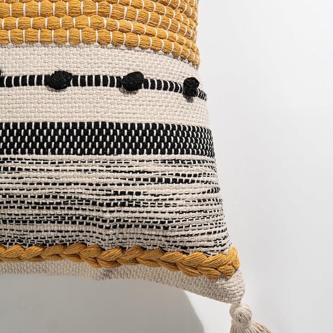 Yellow Mustard Decorative Throw Pillow Cover 20x20 Square Boho Accent Pillowcase Tassels Farmhouse Cushion for Couch Sofa Bedroom Living Room Home Décor Cover ONLY