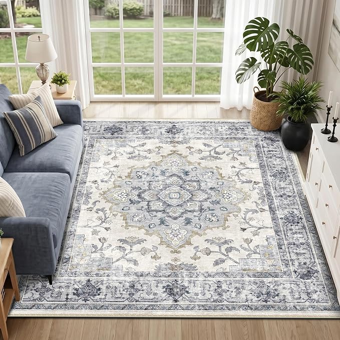 CAPALOCA Machine Washable Rugs Nursery Rug 6x9 Cute Girl Non Slip Low Pile Water Repellent Soft Print Pattern for Bedroom Indoor Decor Kids Playroom Blue White | Non-Slip Soft Rugs for Bedroom Kids Playroom Living Room, Print Pattern Water Repellent Ca...