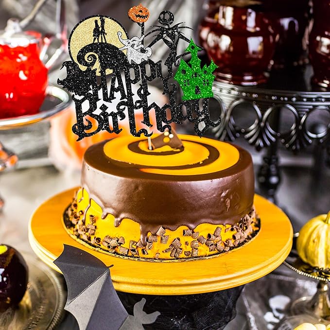 Gyufise 1Pcs Halloween Happy Birthday Cake Topper Glitter Jack and Sally Pumpkin Bat Castle Ghost Cake Pick for Theme Baby Shower Kids Birthday Party Cake Decorations