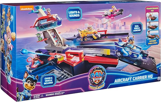 Paw Patrol: The Mighty Movie, Aircraft Carrier HQ, with Chase Action Figure and Mighty Pups Cruiser, Kids Toys for Boys & Girls 3+