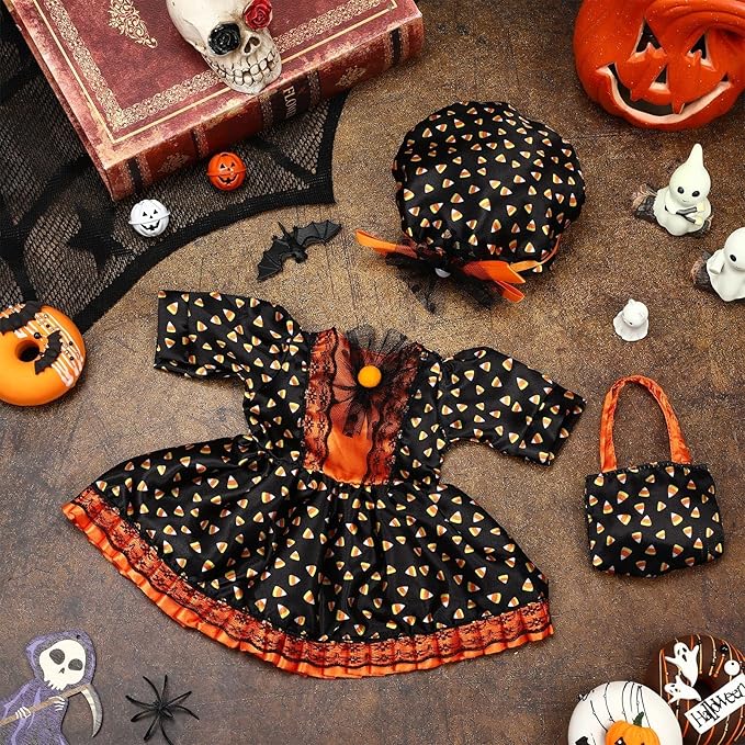 JANYUN 18 Inch Doll Clothes Accessories Halloween Witch Costume Candy Corn Suit Set with Witch Hat Candy Bag for Doll Halloween Costumes Gifts