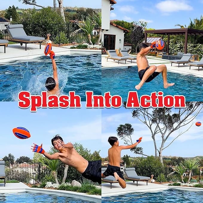 CatchMaster Water Football Set – Lightweight, Double-Laced Ball + 2 Gloves for Beach, Swimming Pool, or Backyard – All Weather Fun & Active Play for Kids, Teens & Families