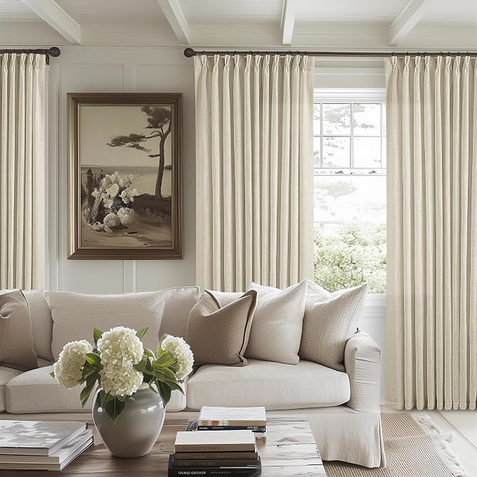 Pinch Pleat Extra Wide Beige Linen Curtain 108 Inches Long 70 Wide 1 Panel | for Patio Sliding Door Living Room, Pinch Pleat with Hooks Rings, Room Divider, Light Filtering Semi Sheer Privacy W70xL108