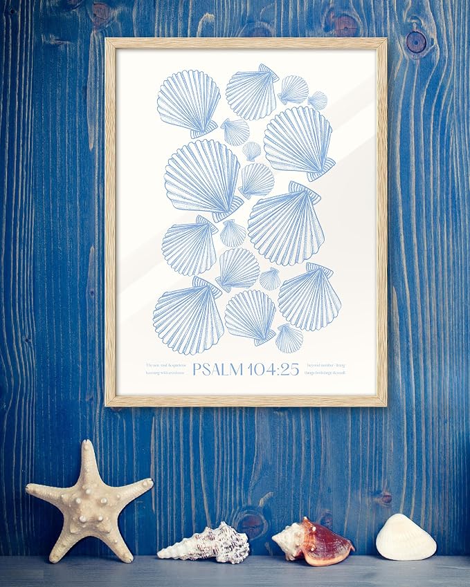 EcoHest 16x20 in Psalm 104:25 Coastal Seashell Framed Christian Wall Art | Solid Oak Wood Frame with Canvas Wall Art, Scripture Bible Verse Decor for Bedroom, Living Room, Office, Church, 1Pack
