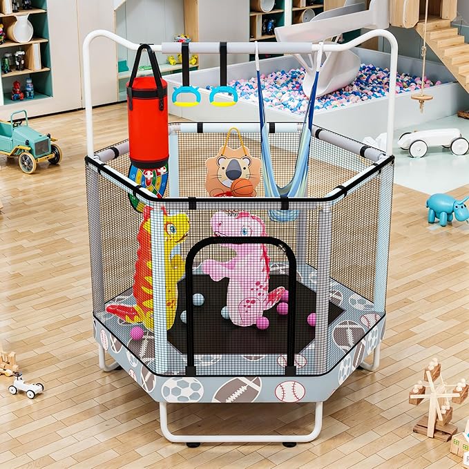LAMERGE 55" 7-in-1 Round Trampoline for Kids Boys & Girls Ages 1-8, Indoor & Outdoor Trampoline for Fun, Adjustable Height Handrail ๏ผ Enclosed Safety Net ๏ผ Durable Designs for Toddlers Children