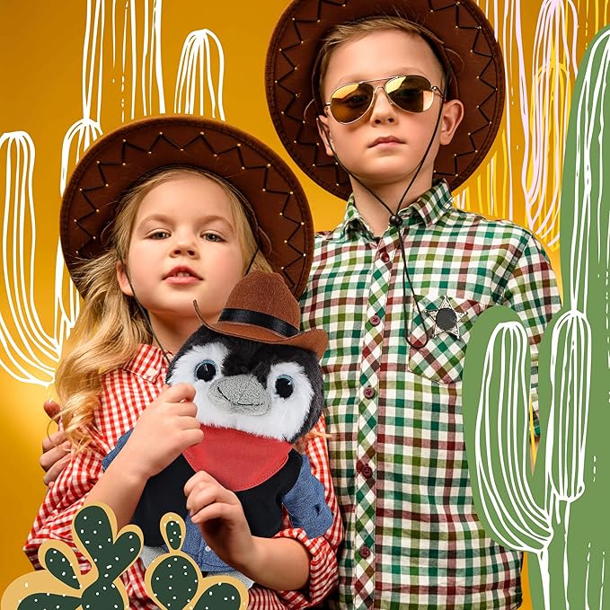 DolliBu Grey Penguin Stuffed Animal Cowboy Plush with Name Personalization - Western-Themed Penguin Plush with Cute Cowboy Costume Denim Shirt Vest, Bandana, Leather Pants, and Hat - 9 Inches