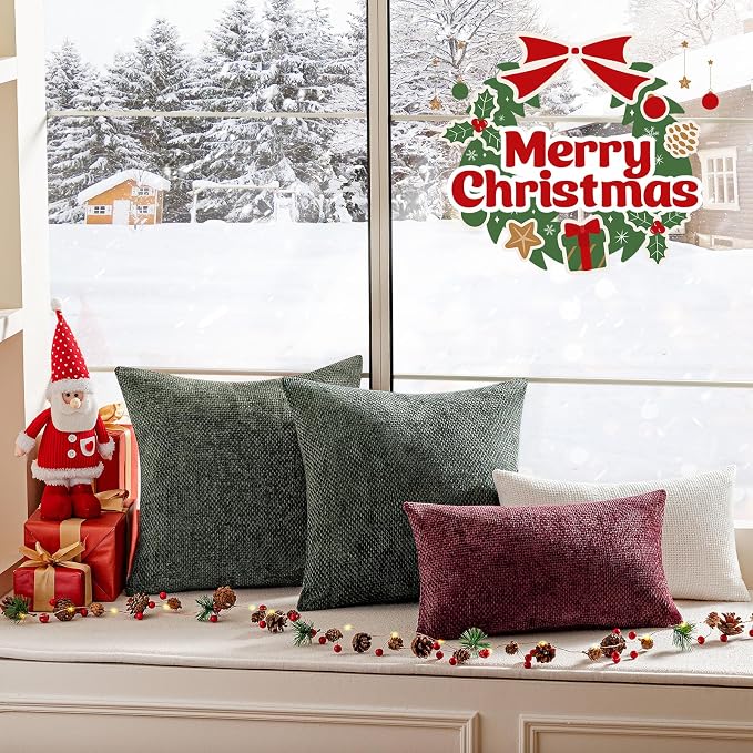 a moment Christmas Dark Green Chenille Throw Pillow Covers 18x18 Inch Pack of 2 Modern Decorative Throw Pillow Covers Farmhouse Cross Covers Home Decor for Sofa Bedroom Living Room