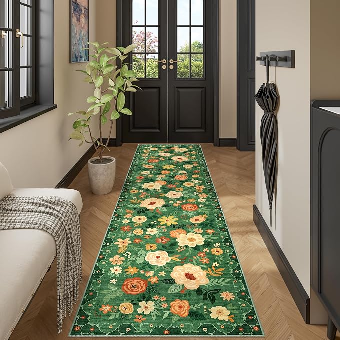 DUKINO 2.6x10 Hallway Runner Rug Washable Kitchen Rugs Non Slip Dark Green | Soft, Low Pile, Floral Indoor Floor Rug Runner for Entryway, Bedroom, Bathroom, Laundry, Pet Friendly, Home Decor, Ultra-Thin