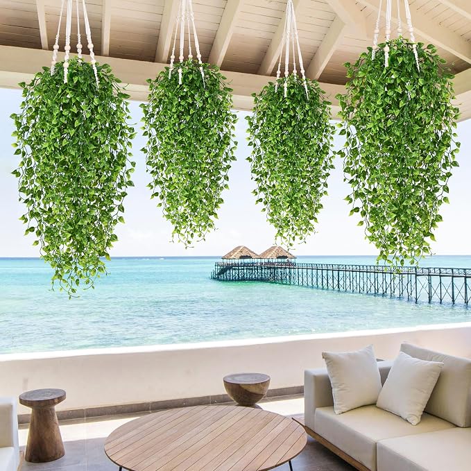 Waipfaru 4Pcs Artificial Hanging Plants, Fake Vines Boston Ivy | Fake Hanging Plants UV Resistant Ivy Artificial Plants Faux Plants Indoor Living Room Boho Wall Porch Shelf Decor