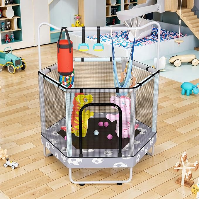 LAMERGE 55" 7-in-1 Round Trampoline for Kids Boys & Girls Ages 1-8, Indoor & Outdoor Trampoline for Fun, Adjustable Height Handrail ๏ผ Enclosed Safety Net ๏ผ Durable Designs for Toddlers Children