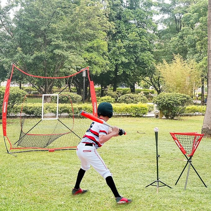Baseball Softball Tee Batting Tee for Hitting T tee Ball Set Stand Baseball Softball Hitting Pitching Screen Net for Kids Teens Batting Net Set Training Equipment W/Carry Bag for Outdoor