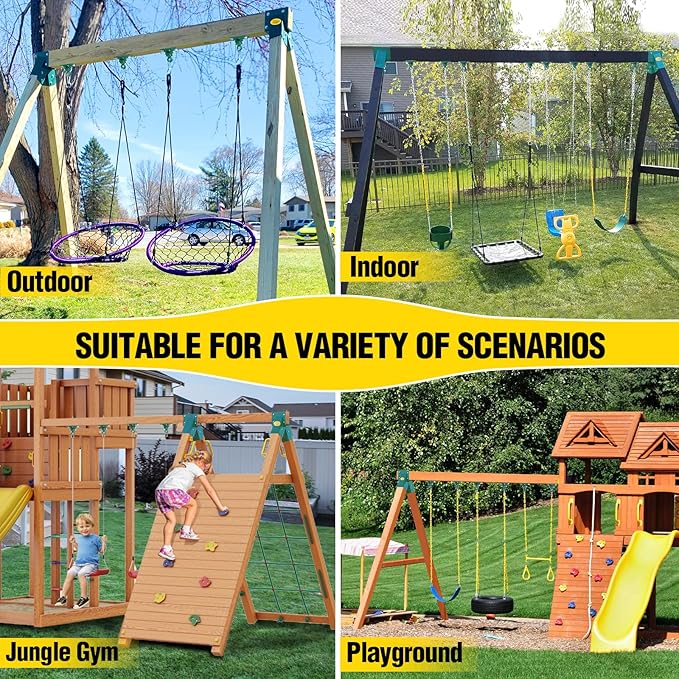 BETOOLL Swing Sets Brackets - 2 A-Frame Swing Set Brackets and 4 Swing Hangers and Trapeze Swing Bar with All Mounting Heavy Duty Hardware Included - Swing Set Kit for Porch, Yard, Playground - Green