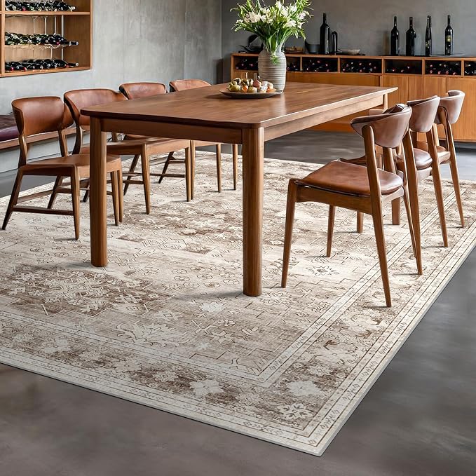 Washable Farmhouse Living Room Rug, 8x10 Area Rugs for Bedroom, Dining Room Under Table Carpet, Kids Room, Large Boho Vintage Non-Slip Floral Rugs Low Pile Stain Resistant (8x10 Beige/Latte)