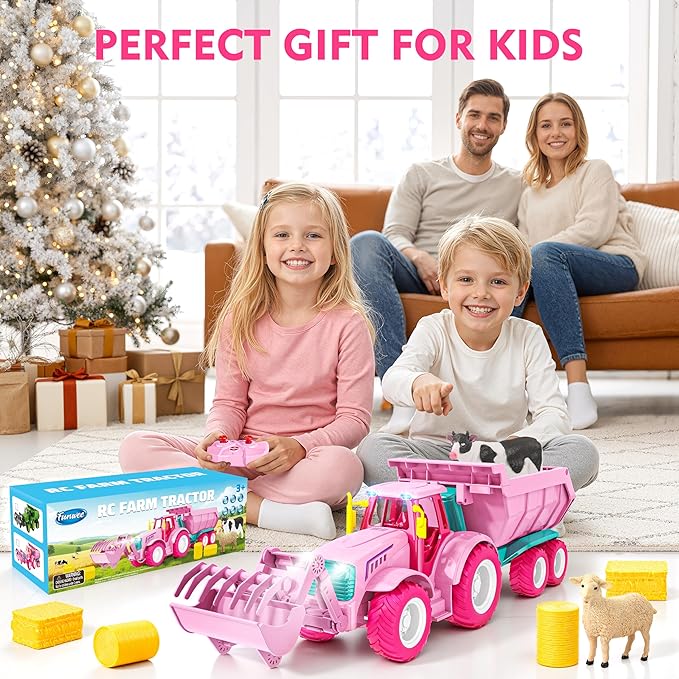 Funwee 2.4GHz RC Tractor Toy w/Light & Music, Kid Farm Car Toy w/Front Loader & Farm Animal, RC Tractor Trailer Truck Vehicle Toy for Boy Girl Age 3 4 5 6 7+ Year Old Christmas Birthday Gift (Pink)