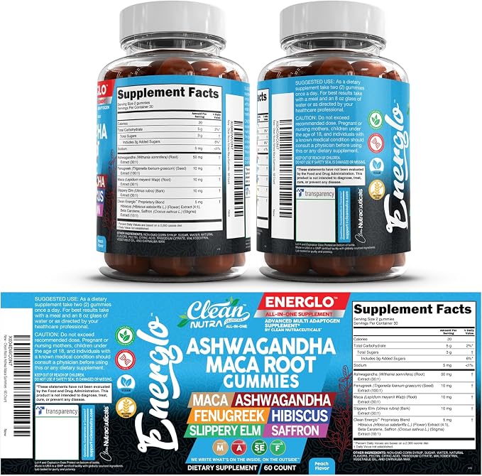 Ashwagandha Maca Root Gummies with Fenugreek Hibiscus Slippery Elm Saffron Extract & Beta Carotene | Peach Flavor Vegan Gummy Vitamins Adaptogen Cortisol Supplement Energlo By Clean Nutra