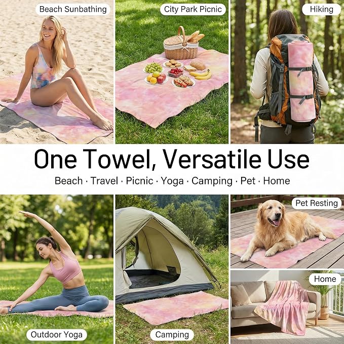 6 Pack Microfiber Beach Towel Oversized with 6pcs Travel Bag, 71 * 36 Cruise Quick Dry XL Beach Towels for Cruise Pool Yoga Gym Gift, Lightweight Absorbent Large Beach Essentials, Tie dye