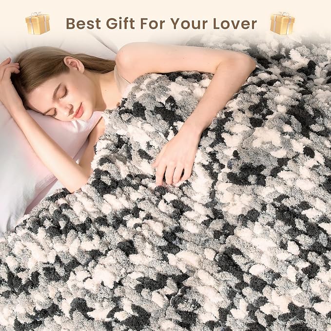L'AGRATY Chunky Knit Throw Blanket for Couch, 60 x 80 Inches, Black White | Handmade Chenille Crochet Blanket for Sofa Bed, Thick Cable Knitted Blankets for Room Home Decor, Birthday Gift for Women Mom