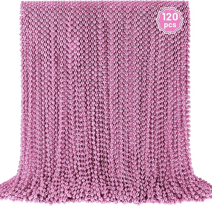120 PCS Pink Bead Necklace, Pink Mardi Gras Beads, Cancer Awareness Beaded Necklaces, Valentine Necklace, 33 Inch Round Party Beads for Mardi Gras Christmas Cancer Awareness Month Events