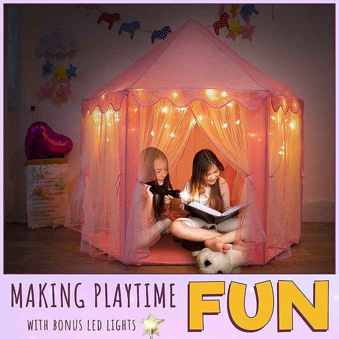 ORIAN Princess Castle Play Tent for Girls, LED Star Lights, Indoor & Outdoor Playhouse, Polyester, Pink, 55" x 53", Toddler & Kids Toys Ages 2โ7