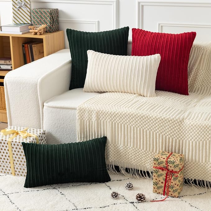 UGASA Velvet 20x20 Inch Soft Throw Pillow Cover Decorative Striped Corduroy Both Sides Solid Square Cushion Case Boho Farmhouse for Couch Bedroom Sofa Home, 1 Piece, New-Dark Green