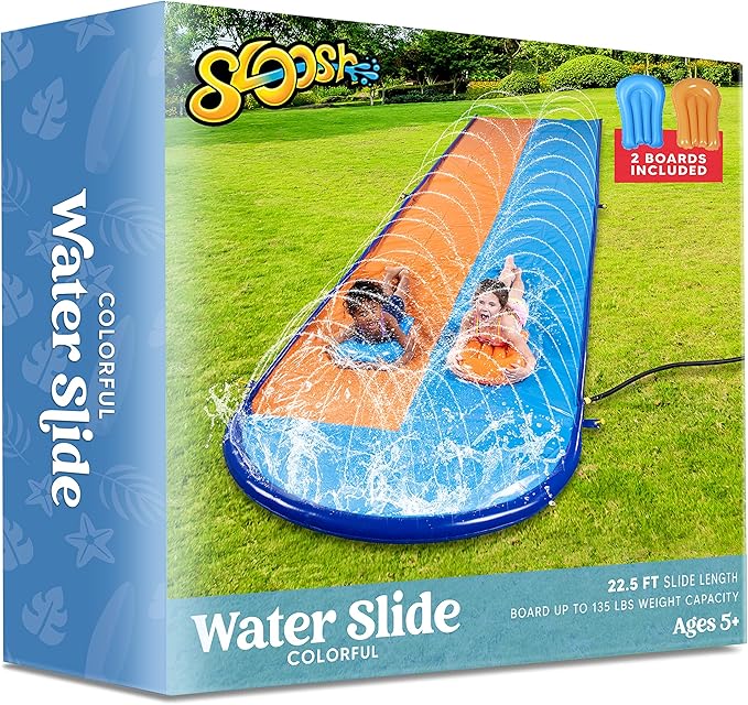 Sloosh 22.5FT Double Water Slides, Heavy Duty Lawn Slide with Sprinkler and 2 Inflatable Boards Backyard Yard Lawn Summer Outdoor Water Toy for Kids Adults