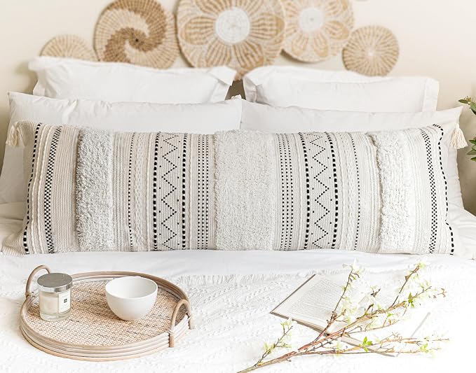 20X54 Oversized Large Lumbar Pillow Cover for Bed, Rectangular Long Decorative Throw Pillowcase, Cotton Boho Accent Cushion with Black Tufted Pattern and Tassels, Cream Neutral (Cover Only)