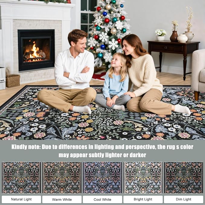 Runner Rug for Entryway: 3x10 Kitchen Rugs Non Slip Washable Ultra-Thin Soft Floral Carpet Indoor Floor Stain Resistant Carpets for Hallway Bedroom Kitchen Laundry Bathroom Dorm Dark Black