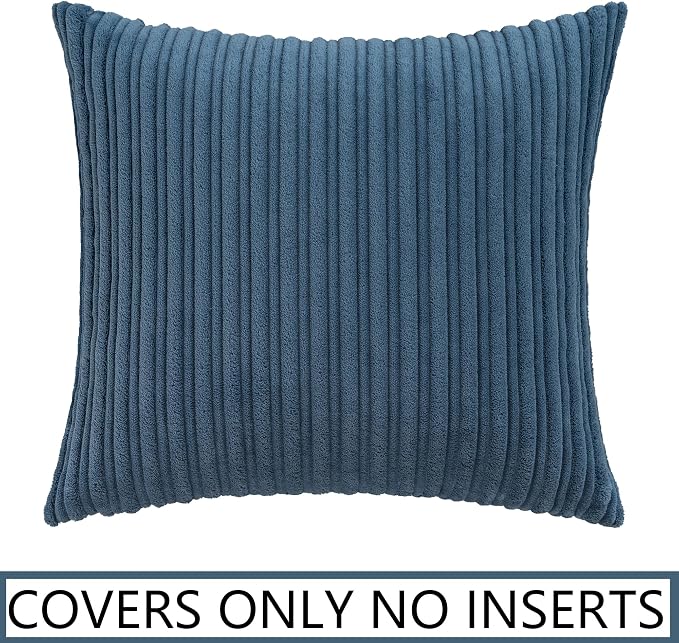 UGASA Velvet 24x24 Inch Soft Throw Pillow Cover Boho Farmhouse Decorative Corduroy Striped Both Sides Solid Square Cushion Case for Couch Bedroom Sofa Home, 1 Piece, Dusty Blue