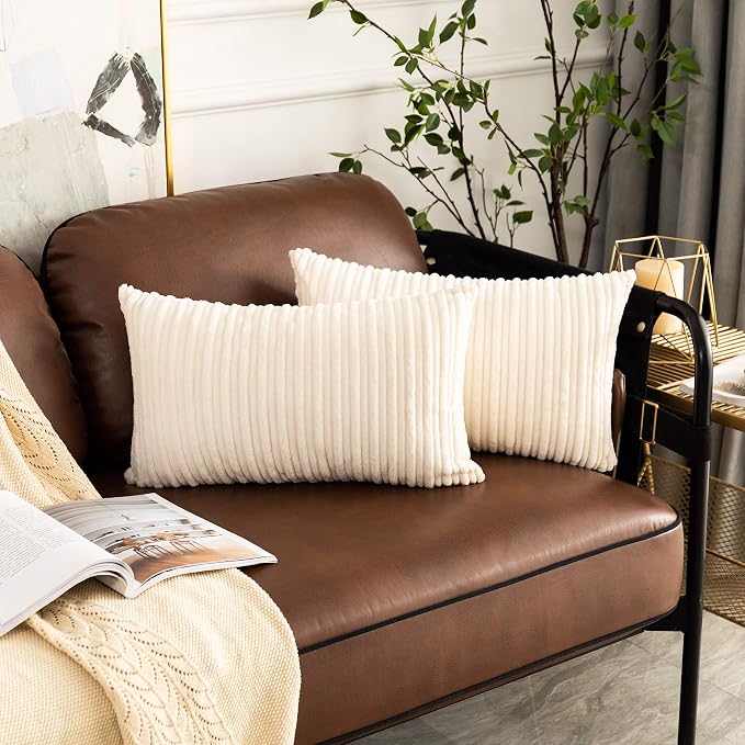 UGASA Pack of 2, Velvet Pillow Covers Striped, Soft Textured Throw Cushion Case Set, Accent Corduroy Lumbar Pillowcases with Hidden Zipper for Home Decor Indoor Outdoor (12"x20", Cream)