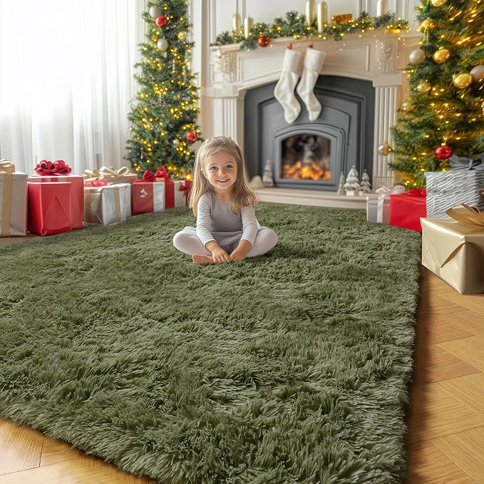 Amdrebio Olive Green Shag Plush Area Rug 4x6 for Bedroom Living Room Dorm | Fluffy Shaggy Fuzzy Soft Carpet, Nursery Office Classroom Reading Nook Decor, Vintage Rustic Farmhouse Aesthetic, Dark Green