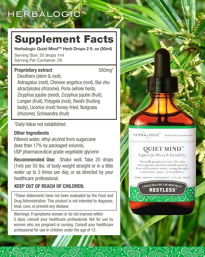 Herbalogic - Quiet Mind Liquid Herb Drops - Non-Sedating, Promotes a Feeling of Zen-Like Calm - Eases Worry and Panicky Mood - Based on the Traditional Chinese Formula GUI Pi Tang - 2 Fl. Oz.