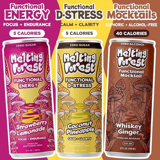 Melting Forest Functional Mushroom D-Stress - Adaptogen Drink with L-Theanine, Reishi, Lion's Mane & Magnesium - Relaxation Drinks for Stress Relief - Zero Sugar, 5 Calories - Variety Pack (12-Pack)