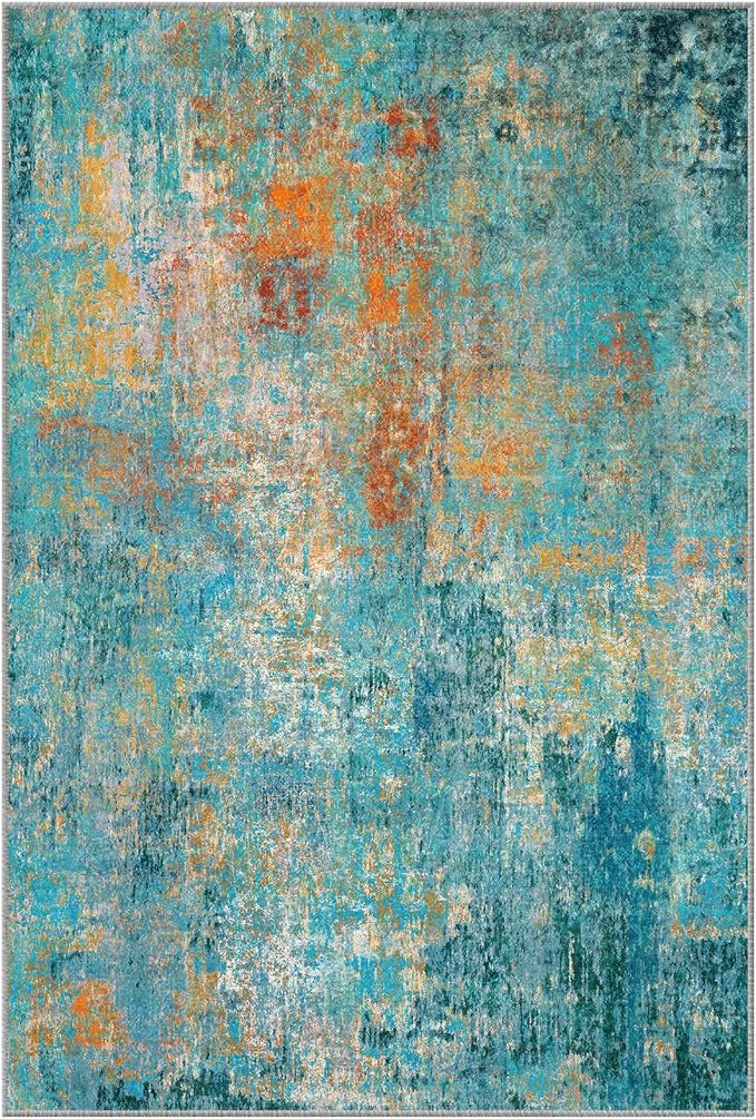 RELEANY Washable 7'x9' Abstract Area Rug for Living Room Teal Multi | carpet for bedroom, kitchen, office, hallway and entryway, printed pattern, non-slip, soft, stain-resistant, easy to clean