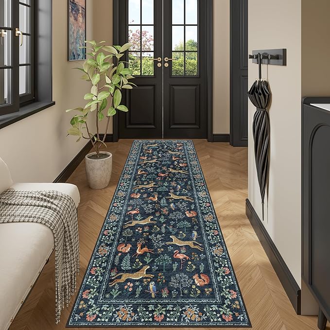 DUKINO 2x12 Washable Runner Rug, Non Slip Animal Rug for Kitchen Navy Blue | Soft, Low Pile, Non-Shedding Thin Indoor Long Runner Carpet for Hallway, Entryway, Bedroom, Bathroom, Laundry, Pet Friendly