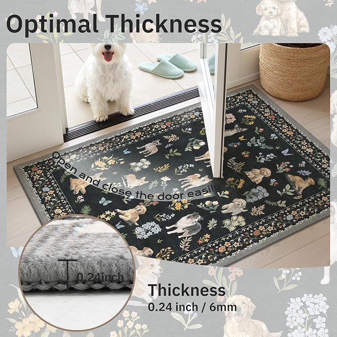 Soalmost Dog 6x9 Area Rugs for Living Room, Washable Animal Soft Rug Black | Floral Vintage Non-Slip Low Pile Cute Throw Rugs for Living Room Kitchen Dining Room Bedroom Nursery Playroom 5' x 7'