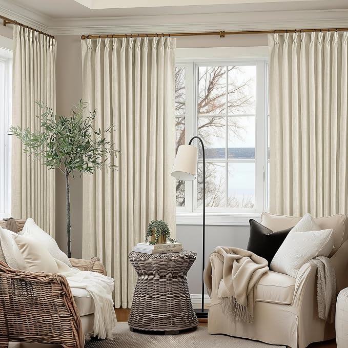Pinch Pleat Extra Wide Beige Linen Curtain 102 Inches Long 70 Wide 1 Panel | for Patio Sliding Door Living Room, Pinch Pleat with Hooks Rings, Room Divider, Light Filtering Semi Sheer Privacy W70xL102