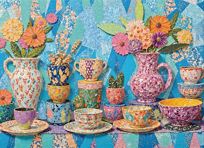 Vibrant Teapot Ceramic Collage Jigsaw Puzzles for Adults 1000 Pieces, Irregularly Shaped Difficult Puzzles Perfect for Game Night, Great Gift Idea, Size 26.65 x 19.25 in