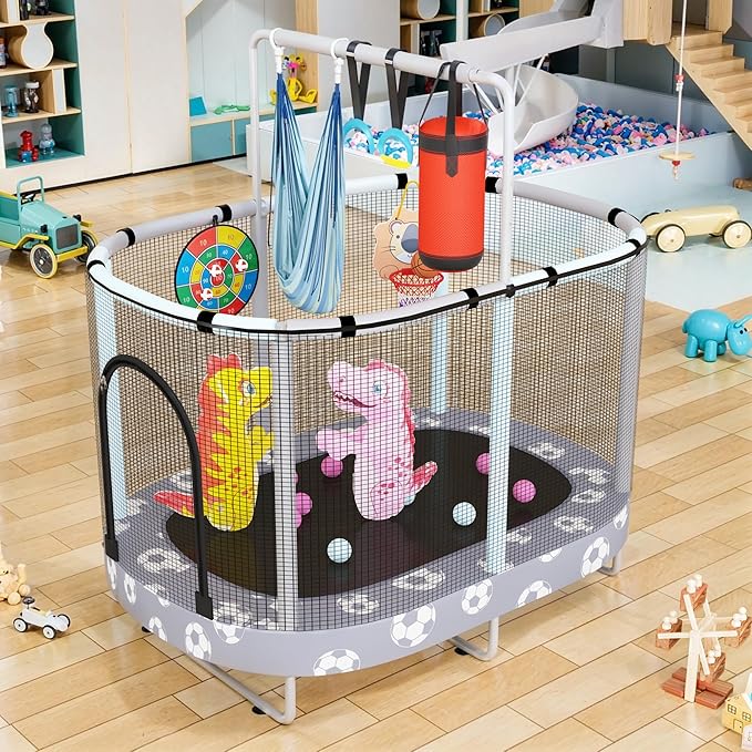 LAMERGE 55" 7-in-1 Round Trampoline for Kids Boys & Girls Ages 1-8, Indoor & Outdoor Trampoline for Fun, Adjustable Height Handrail & Enclosed Safety Net & Durable Designs for Toddlers Children