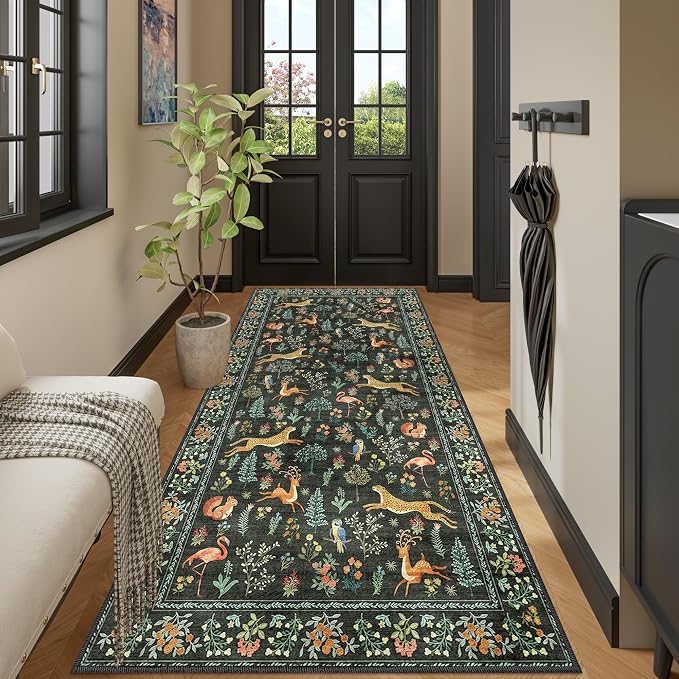 DUKINO 3x8 Runner Rug, Animal Washable Runner Rug for Kitchen, Black | Non Slip, Low Pile, Soft Indoor Carpet Runner for Hallway, Entryway, Bedroom, Bathroom, Laundry, Pet Friendly, Non-Shedding
