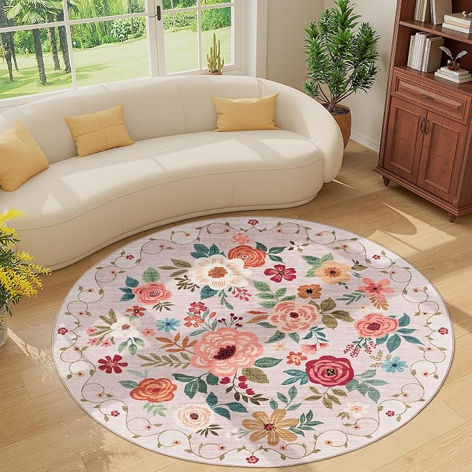 DUKINO 6ft Round Rug, Soft Washable Circle Rug for Bedroom Non Slip, Beige | Low Pile, Stain Resistant Indoor Rug for Living Room, Dining Room, Kids Room, Office, Pet Friendly, Home Decor, Non-Shedding