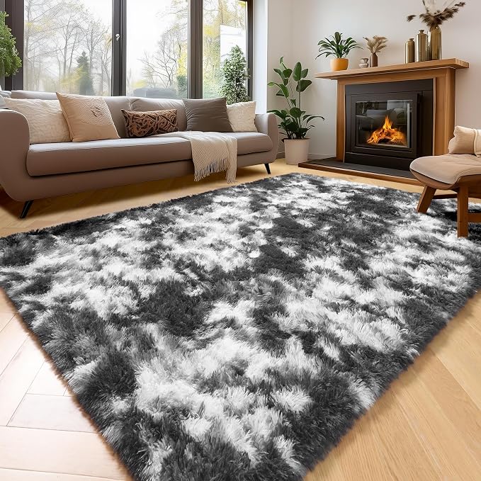 Amdrebio Black White Grey Large Furry Rug 9x12 for Living Room Men Bedroom | Fuzzy Fluffy Shaggy Plush Shag Cool Carpet, Classroom Playroom Apartment Decor, Gothic Aesthetic, Teen Boys Baby Kids Corner