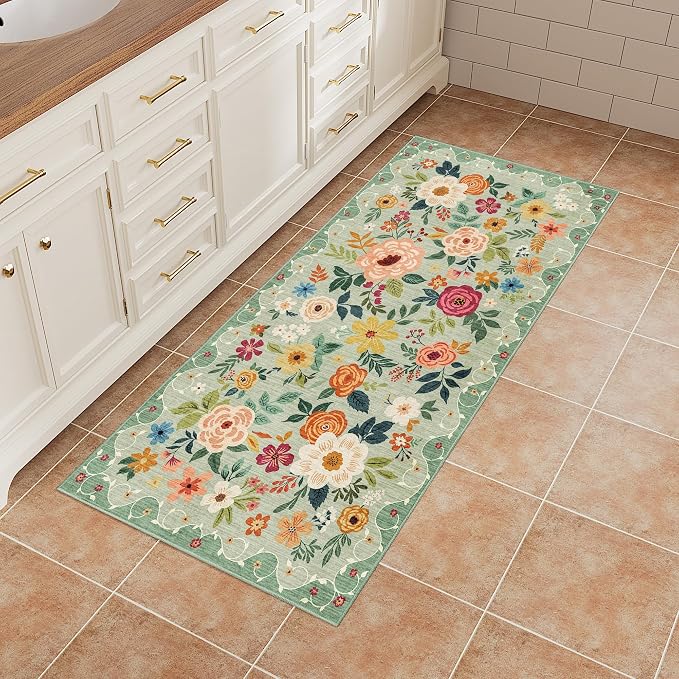 DUKINO 2x4 Entryway Rug, Floral Washable Kitchen Rugs Non Slip, Green | Low Pile, Soft Indoor Runner Rug for Hallway, Bedroom, Bathroom, Laundry, Pet Friendly, Modern Home Decor, Stain Resistant
